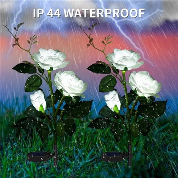 Solar Flowers Garden Lights for Outdoor Decor, 2 Pack Artificial Fake White Rose - Picture 6 of 7